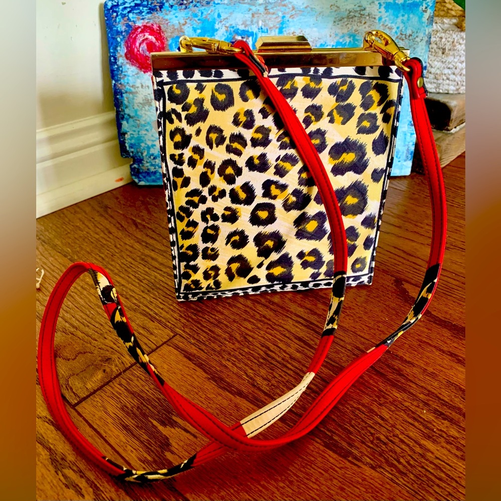 Leopard Cheetah Red Clutch w/ Long Shoulder / Crossbody Strap BROWNS Snap close